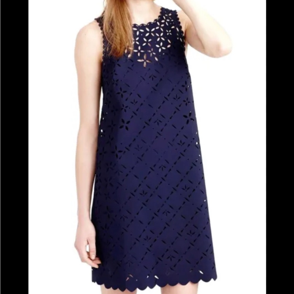 J.Crew Laser Cut Floral Navy Blue Sleeveless Shift Scallop Dress Size 6